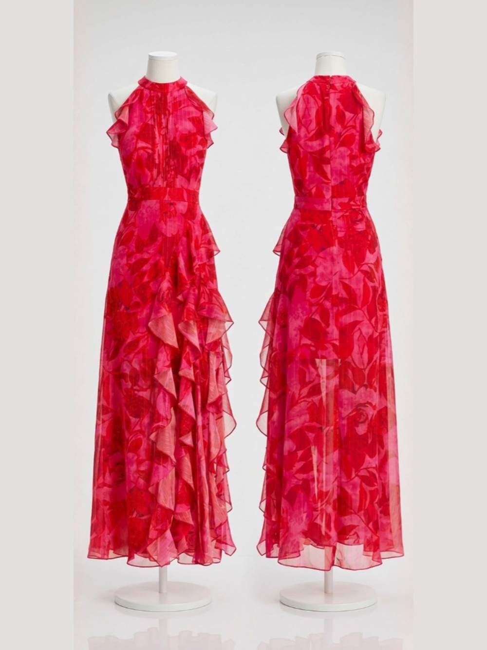 Aqua Hot pink floral chiffon halter maxi dress | Ruffle cascade | Wedding guest